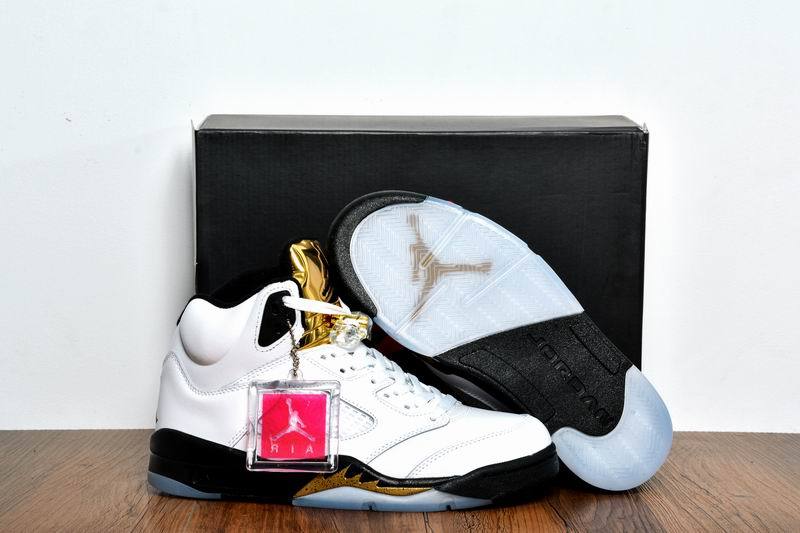 Nike Air Jordan 5 Olympic Gold Medal White Black Metallic Gold Coin Shoes - Click Image to Close